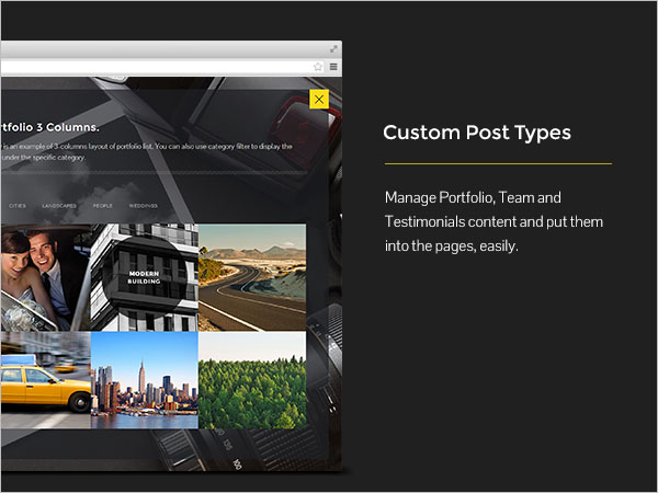 Custom Post Types - Manage Portfolio, Team and Testimonials content and put them into the pages, easily.