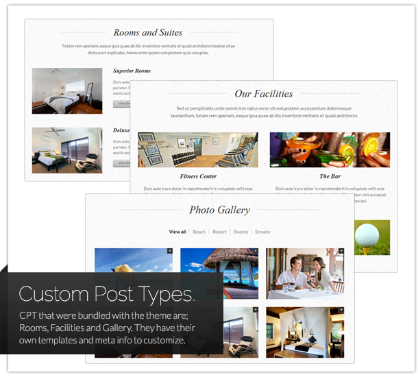 Custom Post Types – CPT that were bundled with the theme are; Rooms, Facilities and Gallery. They have their own templates and meta info to customize.